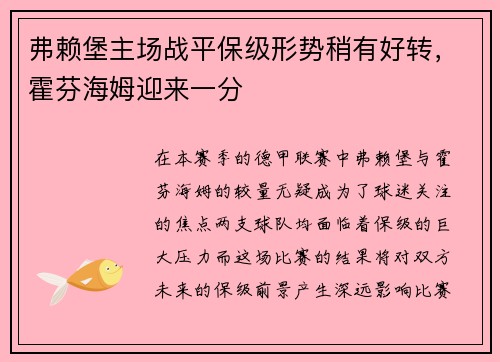 弗赖堡主场战平保级形势稍有好转，霍芬海姆迎来一分