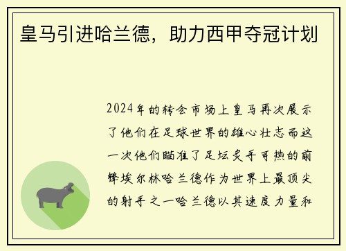 皇马引进哈兰德，助力西甲夺冠计划